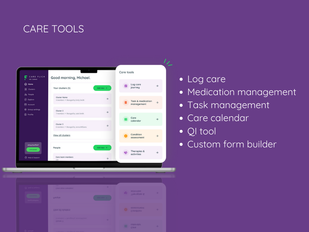 1 CareFlick app displaying Care Tools.