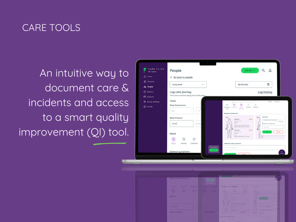 2 Laptop and tablet showing 'people' dashboard of CareFlick app.