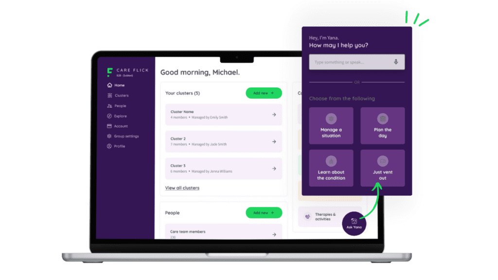 Home section of the CareFlick app showing chatbot named Yana.