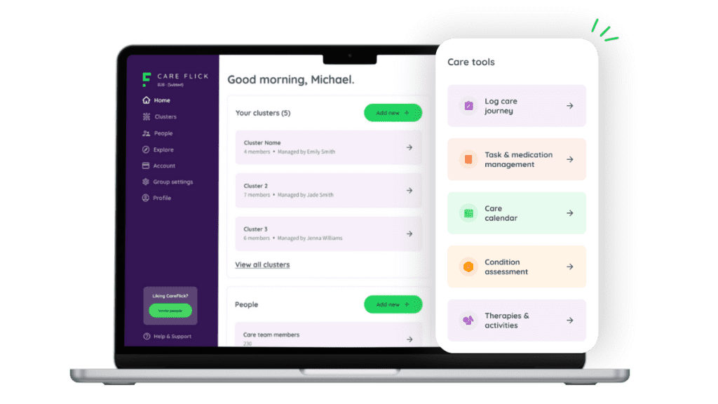 Home section of CareFlick app showing care tools.