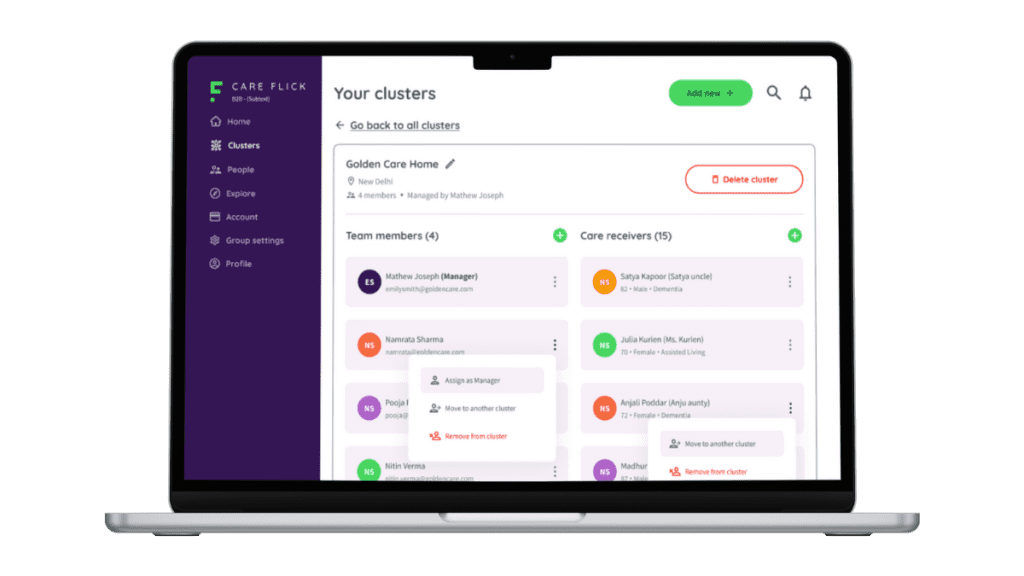 CareFlick app displaying Clusters section.